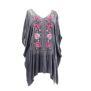 Johnny Was JWLA Top Sz M Gray Multi Color Velour Embroidered Rayon Silk Top